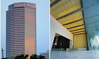 The America Tower in Houston (left) and the lobby of the new AIG Tower in Hong Kong
